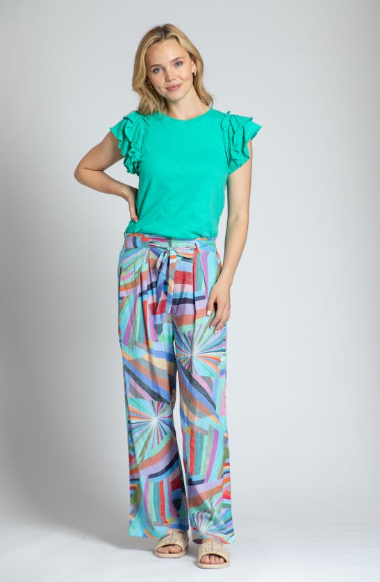 Apny Print Tie Waist Crop Wide Leg Pants In Blue Multi