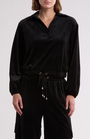 Gemma + Jane Long Sleeve Drawstring Waist Corduroy Top In Black