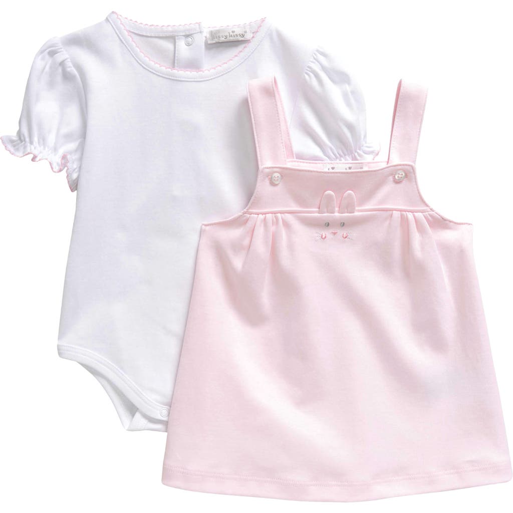 Shop Kissy Kissy Bunny Cotton Bodysuit & Overall Dress Set In Pink/white