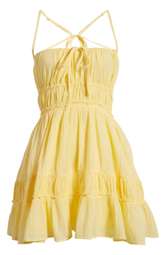 Shop Free People Taking Sides Shirred Tiered Cotton Minidress In Mellow Yellow