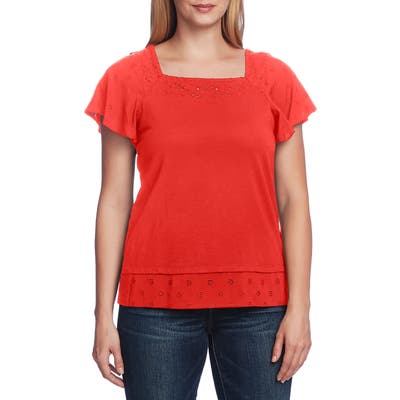Vince Camuto Embroidered Detail Cotton Blend Layered Top, Red