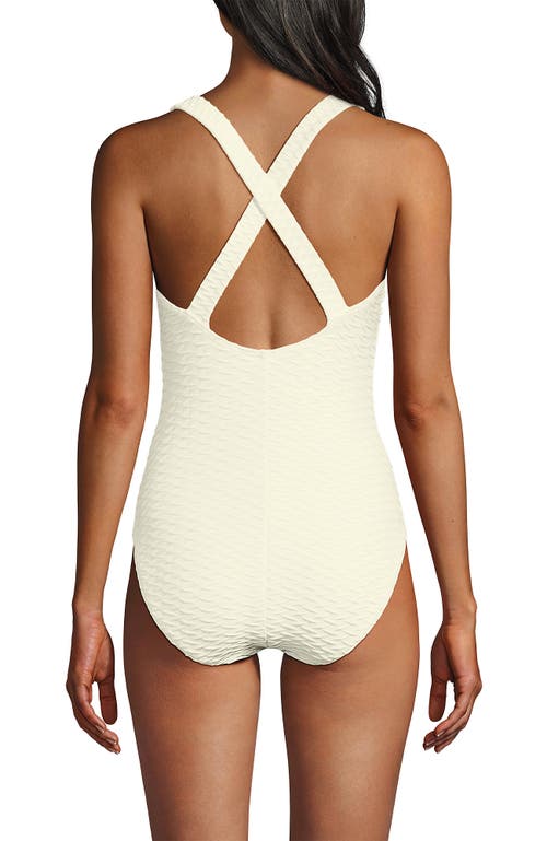 Shop Lands' End Chlorine Resistant Scoop Neck X-back High Leg Soft Cup Tugless Sporty One Piece Swimsuit In Egret White