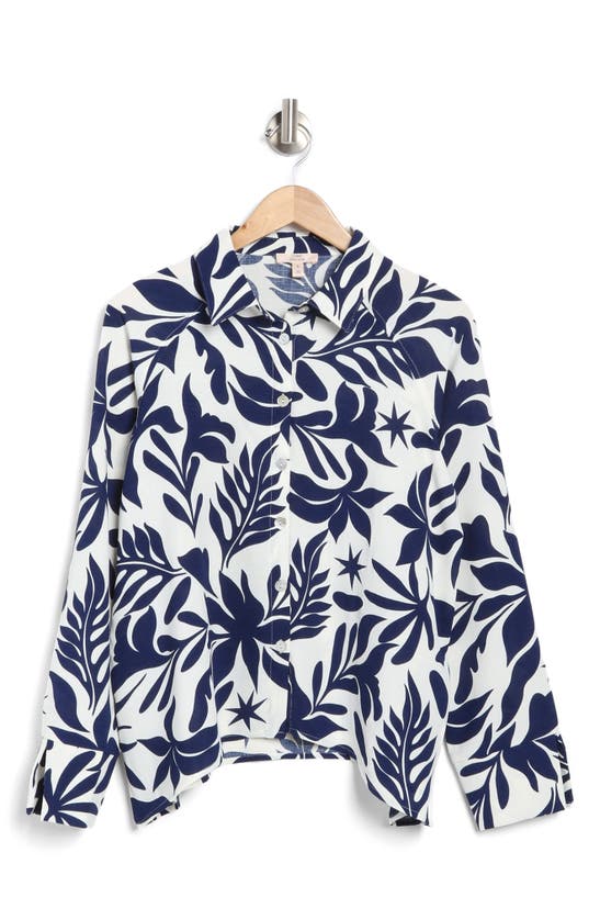 Shop Como Vintage Floral Print Button Front Shirt In Cloud Dancer/ Bellwether Blue