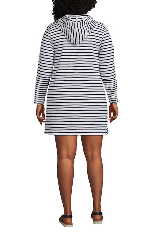 Shop Lands' End Plus Size Cotton Jersey Long Sleeve Hooded Swim Cover-up Dress In White/deep Sea Stripe