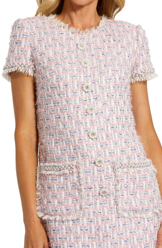 Shop Mac Duggal Crystal Floral Button Detail Tweed Minidress In Pink Multi