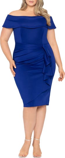 Xscape Evenings Off the Shoulder Side Ruched Cocktail Midi Dress