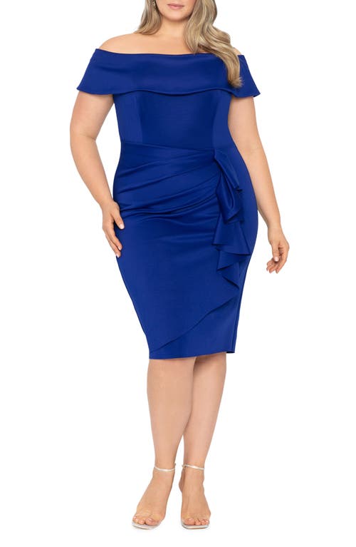 Xscape Evenings Off the Shoulder Side Ruched Cocktail Midi Dress at Nordstrom,