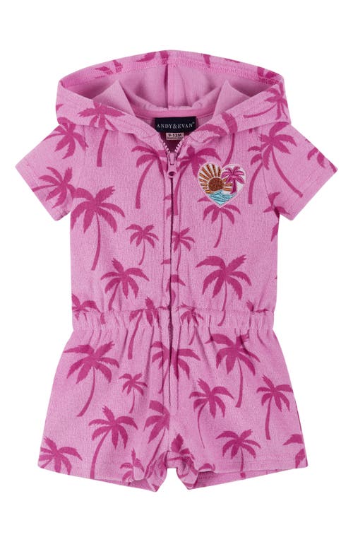 Andy & Evan Palm Print Terry Cloth Hooded Cover-Up Romper Pink Palms at Nordstrom,