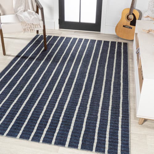 Jonathan Y Rand Distressed Ticking Stripe Machine-washable Area Rug In Navy/gray
