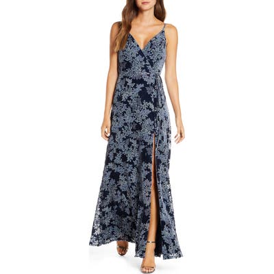 Jenny Yoo Selma Velvet Burnout Faux Wrap Evening Gown, Blue
