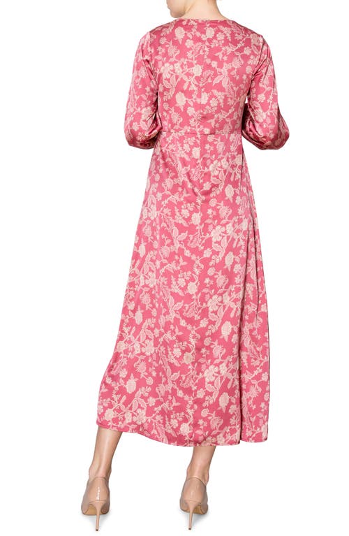 Shop Melloday Floral Long Sleeve Satin Dress In Marsala Taupe Print