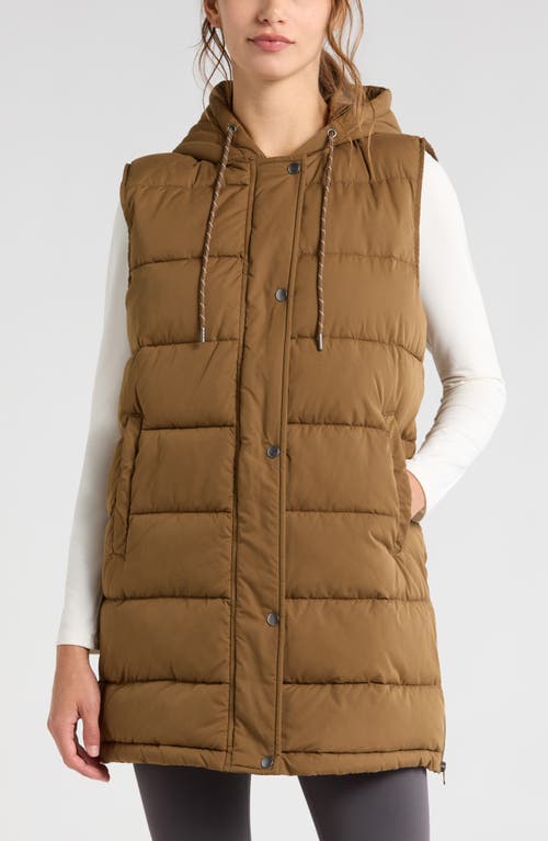 Shop Zella Long Hooded Puffer Vest In Brown Teak