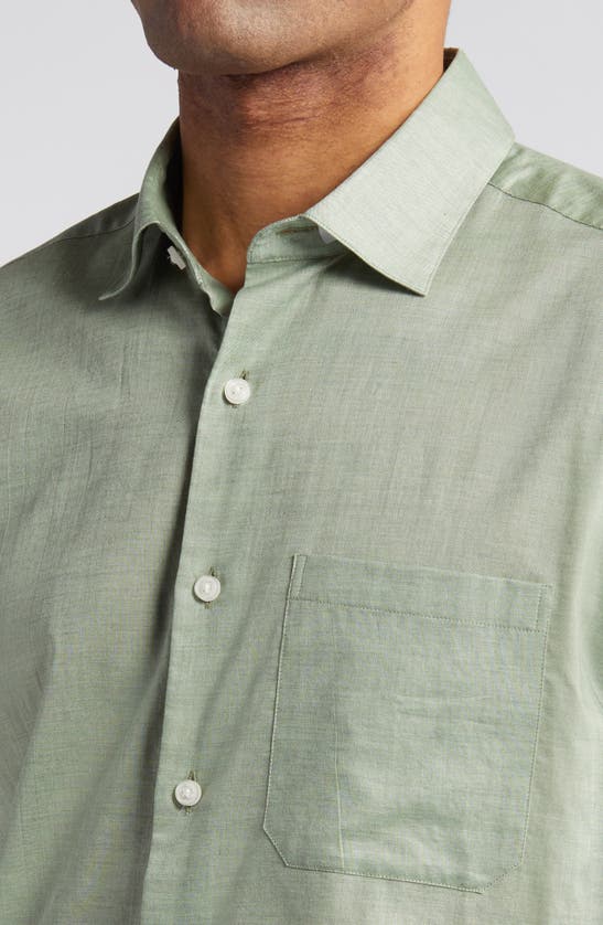 Shop Scott Barber Heathered Chambray Short Sleeve Button-up Shirt In Sage