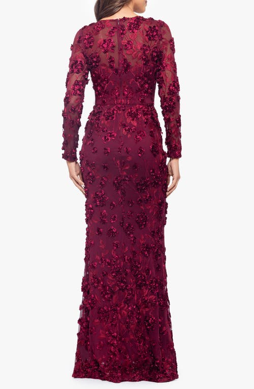 Xscape Evenings Embroidered Floral Long Sleeve Gown In Garnet