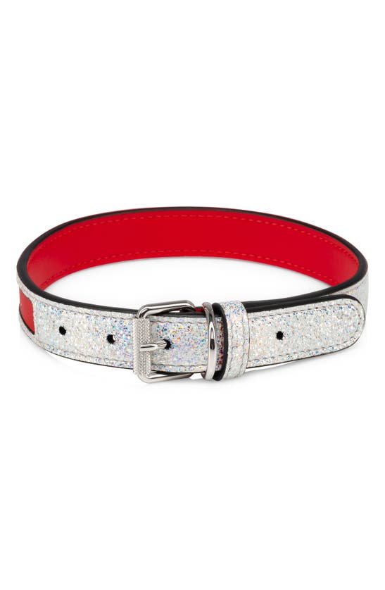 Christian Louboutin Medium Loubicollar Glittery Leather Pet Collar In Silver/ Loubi