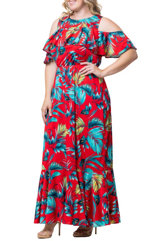 Shop Kiyonna Piper Cold Shoulder Dress In Red Hibiscus Palm Print