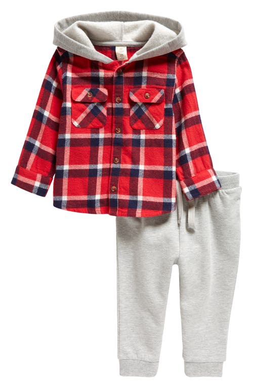 Tucker + Tate Plaid Flannel Hooded Shirt & Joggers Set in Red Letter Wylder Plaid