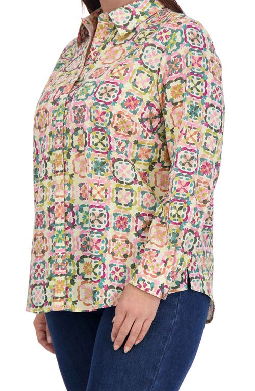 Shop Foxcroft Zoey Watercolor Print Long Sleeve Button-up Shirt In Beige/purple Multi