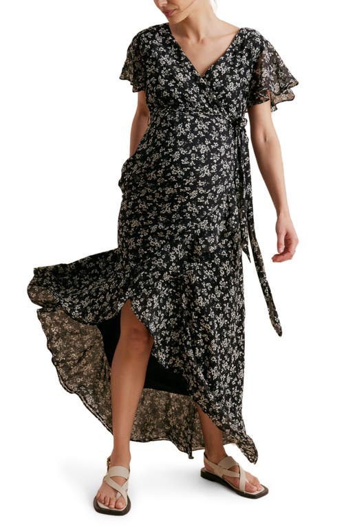 A Pea In The Pod Floral Faux Wrap Maternity Dress In Black/white Floral