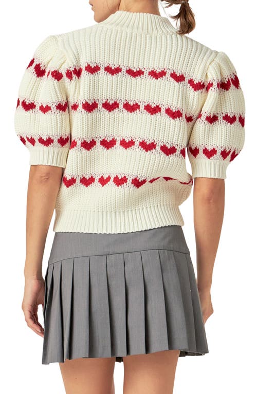 English Factory Heart Stripe Elbow Sleeve Sweater In White/red