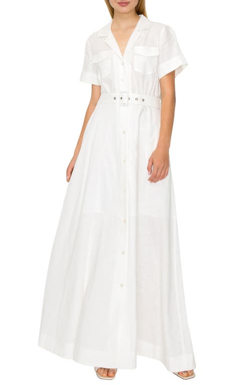 Belted Linen Blend Maxi Shirtdress in White