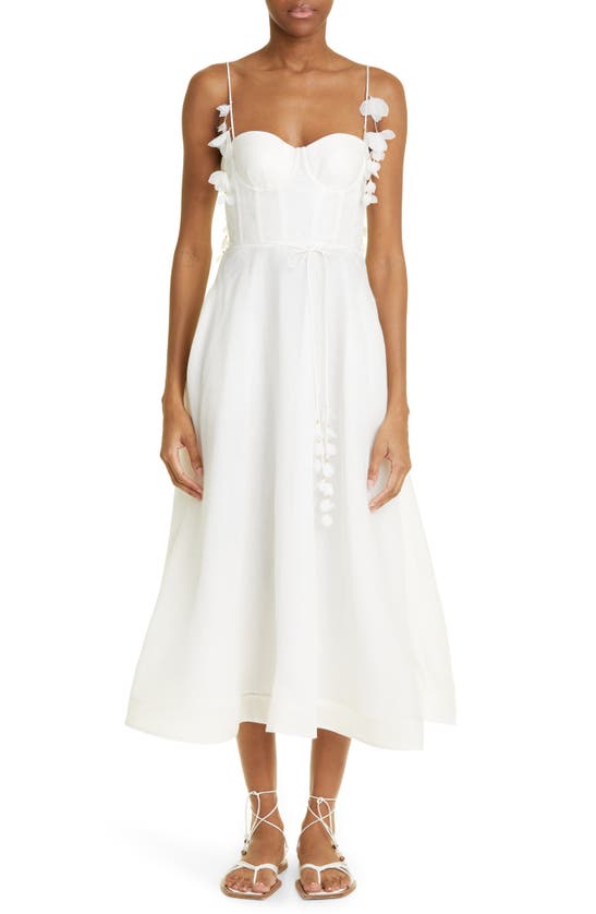 Zimmermann Wonderland Corset Linenblend Midi Dress In Ivory ModeSens