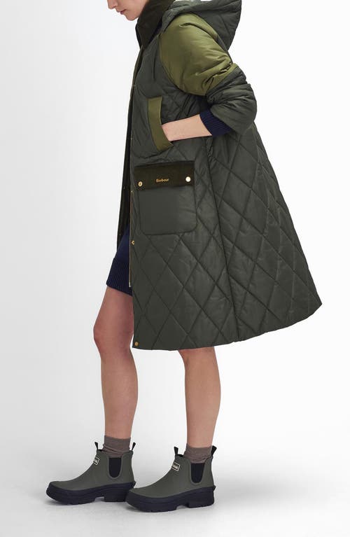 Shop Barbour Cookston Longline Quilted Coat With Removable Hood In Olive/ancient