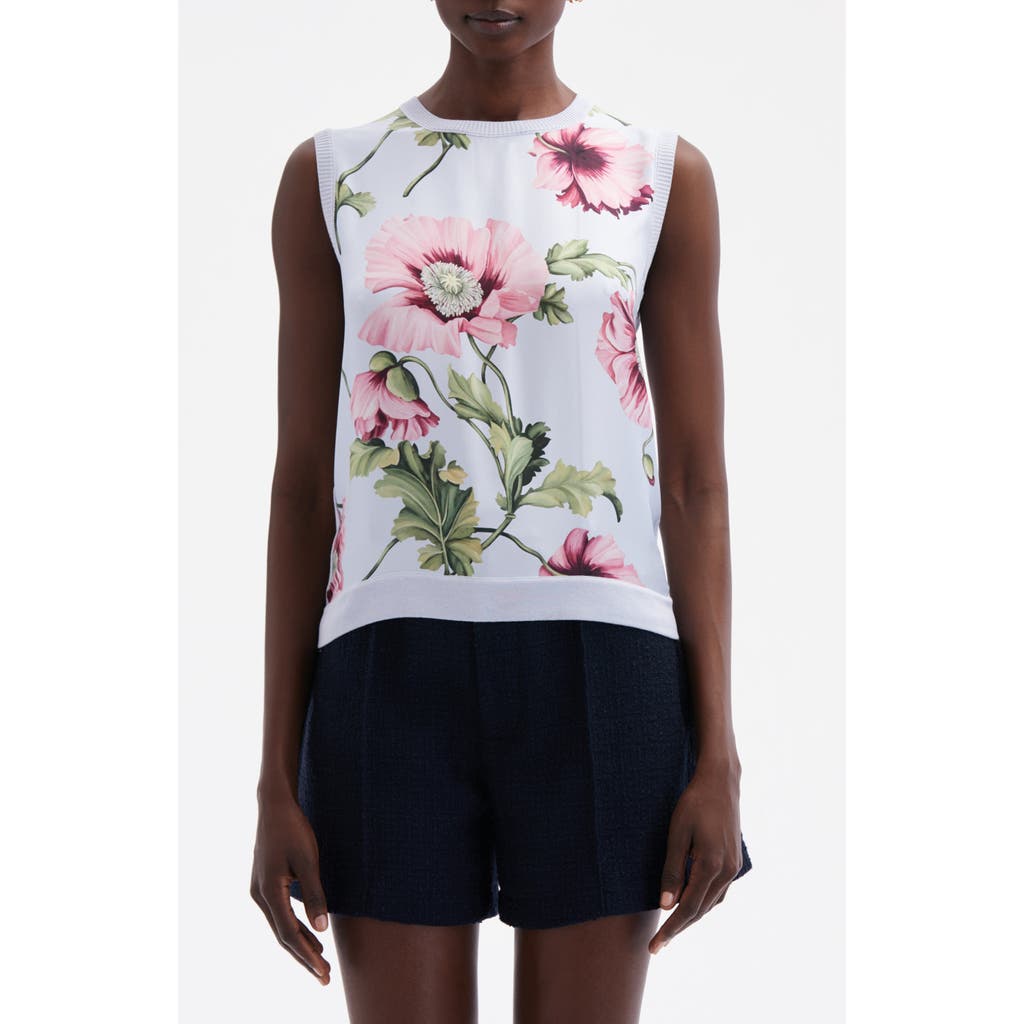 Oscar De La Renta Poppy Print Mixed Media Sleeveless Sweater In Light Blue/pink