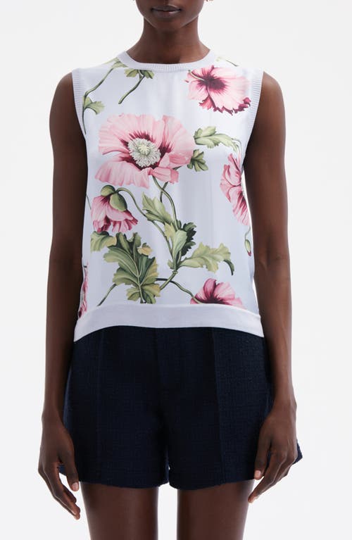 Oscar de la Renta Poppy Print Mixed Media Sleeveless Sweater Light Blue/Pink at Nordstrom,