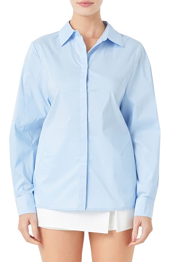 Shop Endless Rose Elastic Back Detail Cotton Blend Button-up Shirt In Powder Blue