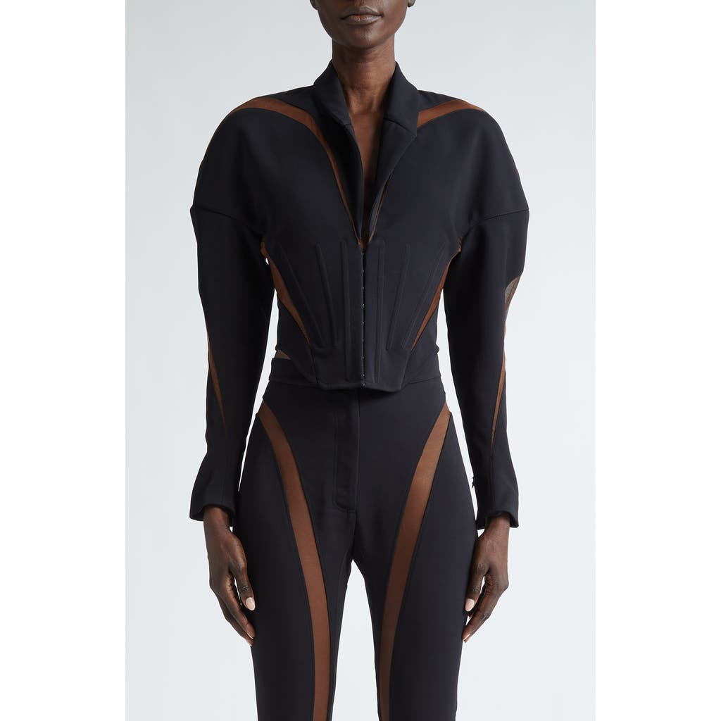 Mugler Spiral Mesh Inset Corset Jacket In Black/nude02