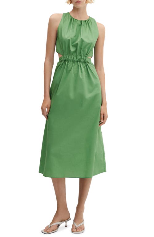 MANGO Gathered Tie Back Cotton Midi Dress in Green at Nordstrom, Size 2