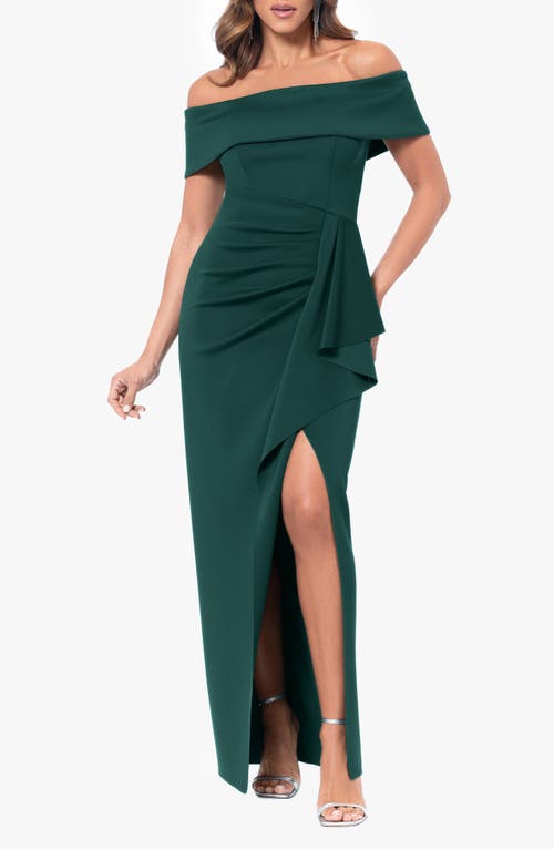 Xscape Evenings Side Ruffle Off The Shoulder Scuba Gown In Hunter