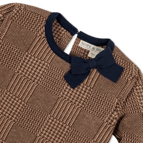 Hope & Henry Girls' Organic Bow Sweater Dress, Kids In Brown Glen Plaid Intarsia