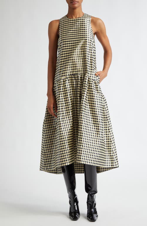 Shop Ganni Shiny Check Print Midi Dress In Lemon Icing