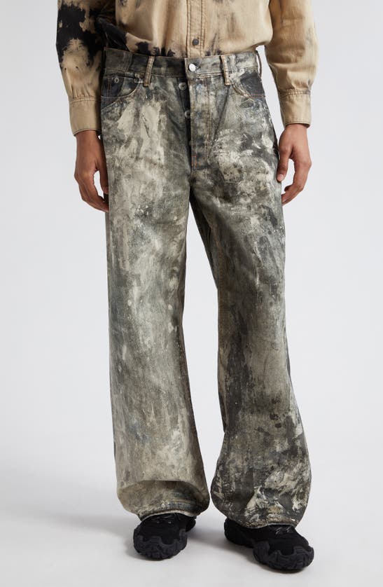 Acne Studios 1981 Trompe L'oeil Splatter Button Fly Loose Fit Cotton Canvas Pants In Cold Grey