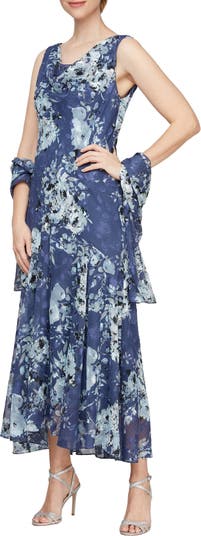 Print Cowl Neck Maxi Dress with Shawl