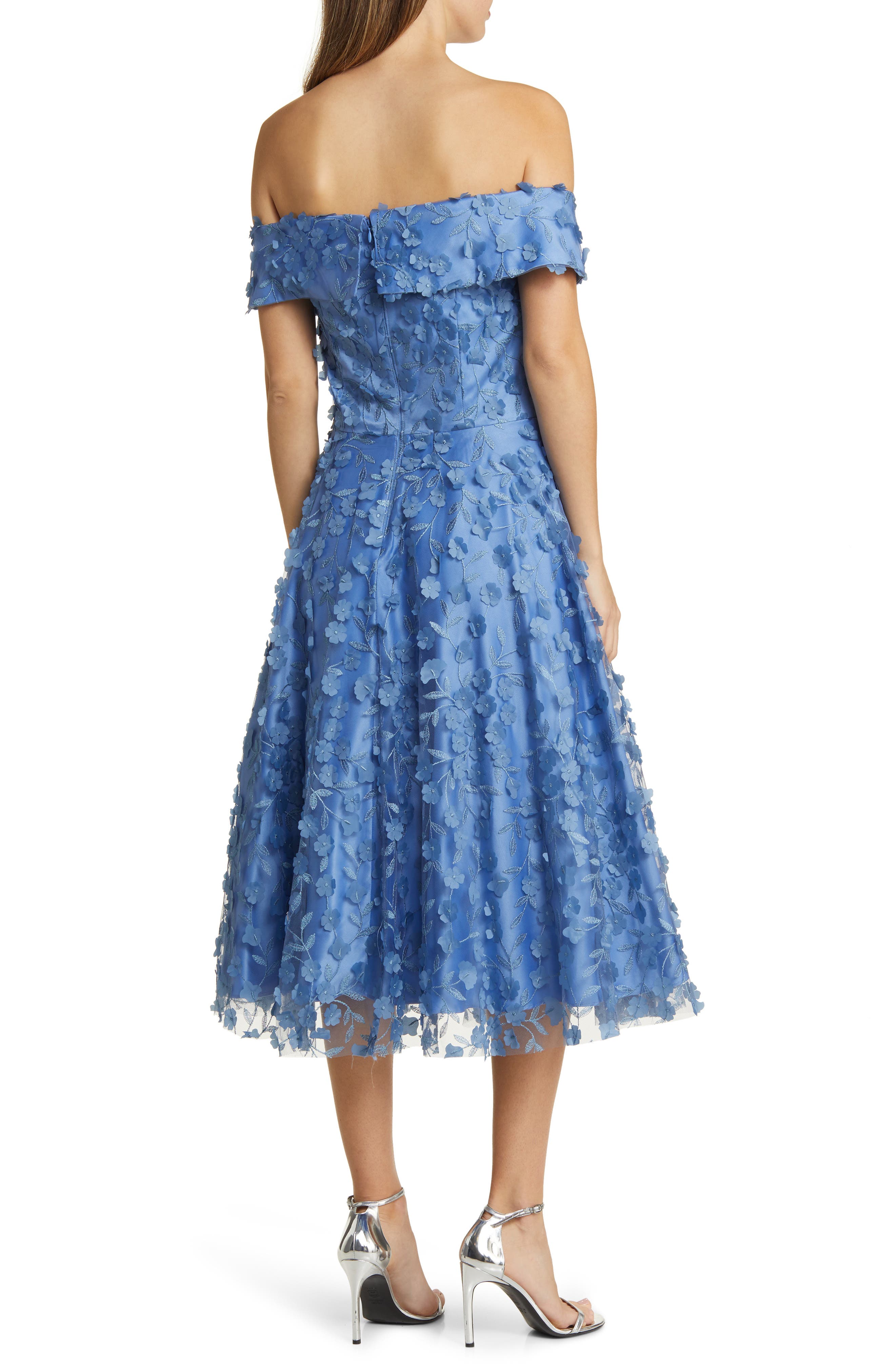 Eliza J Floral Appliqu Off the Shoulder Midi Cocktail Dress in Slate |  Smart Closet