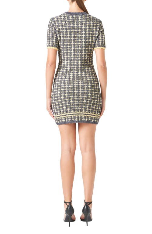 Shop Endless Rose Check Bouclé Sweater Minidress In Grey/yellow