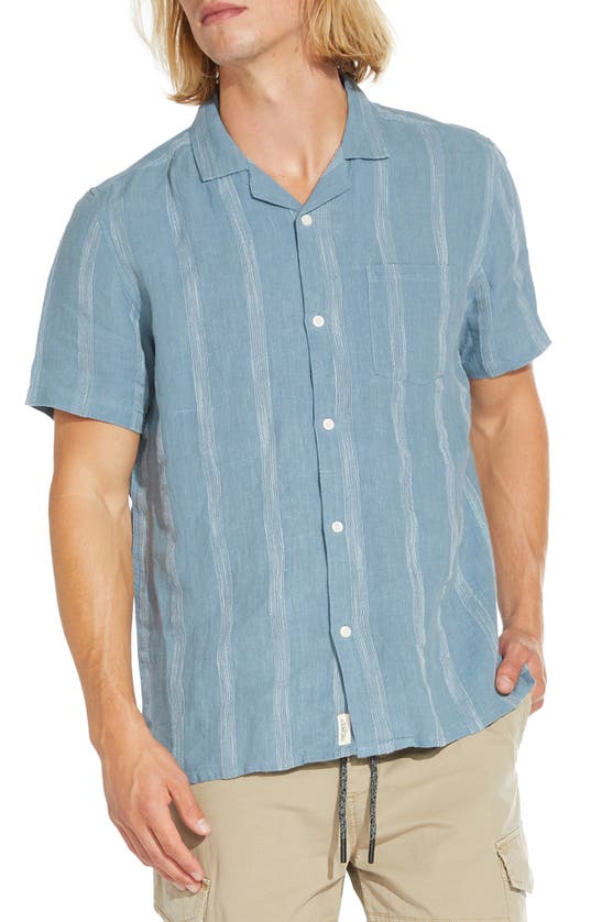Shop Civil Society Tonal Texture Short Sleeve Linen & Cotton Blend Button-up Shirt In Copen Blue
