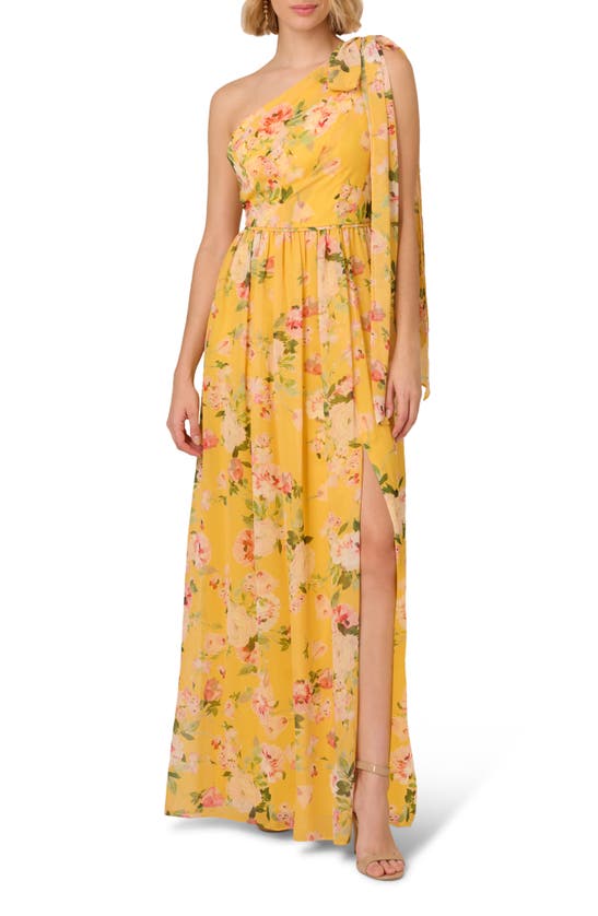 Shop Adrianna Papell Floral One-shoulder Chiffon Gown In Yellow Multi