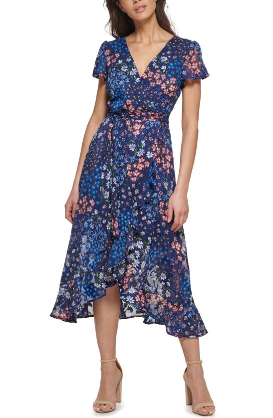 Kensie Printed Burnout Chiffon Midi D In Navy Multi