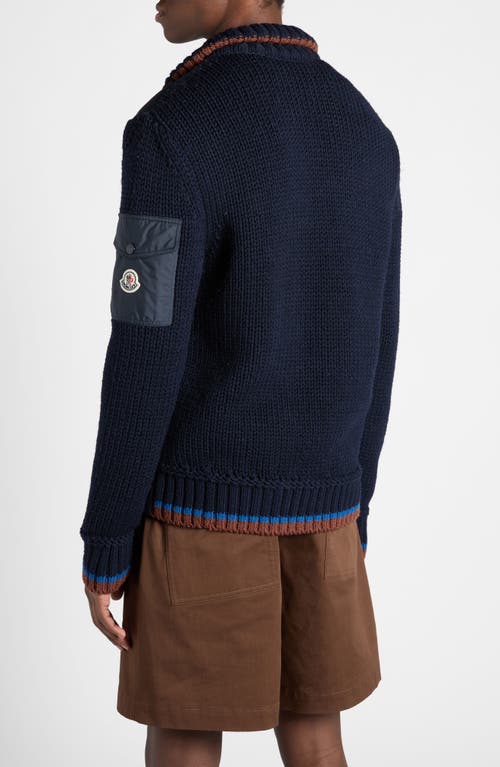 Moncler Quilted Front Cardigan Knitted Sleeves In Greyish Navy