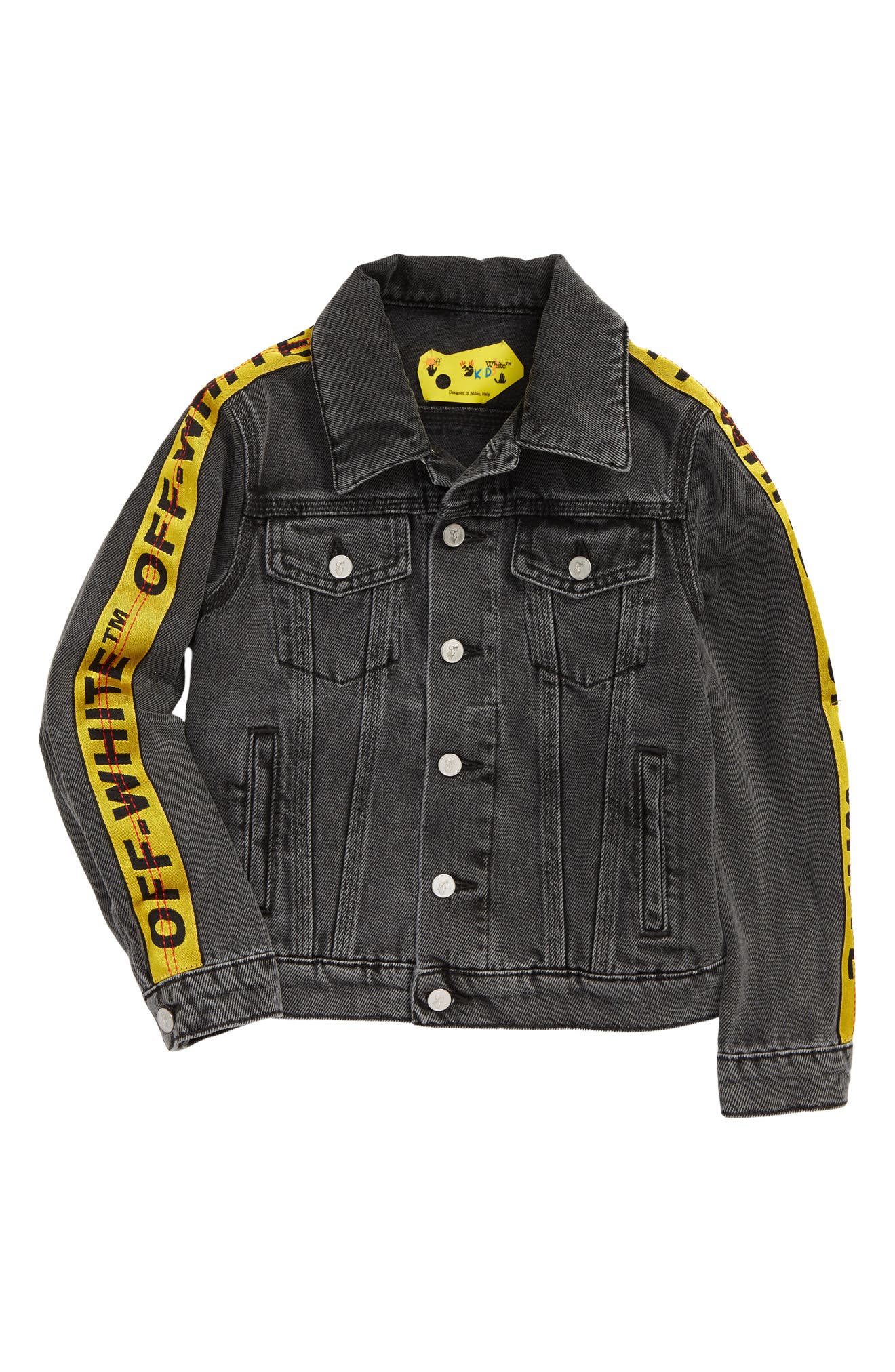 off white denim jacket yellow tape