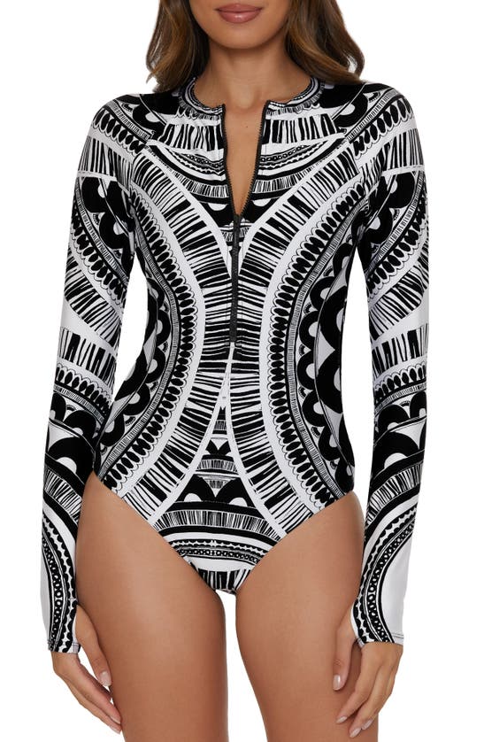 Trina Turk Hula Floral Half Zip Long Sleeve One-piece Rashguard Swimsuit In Black Multi