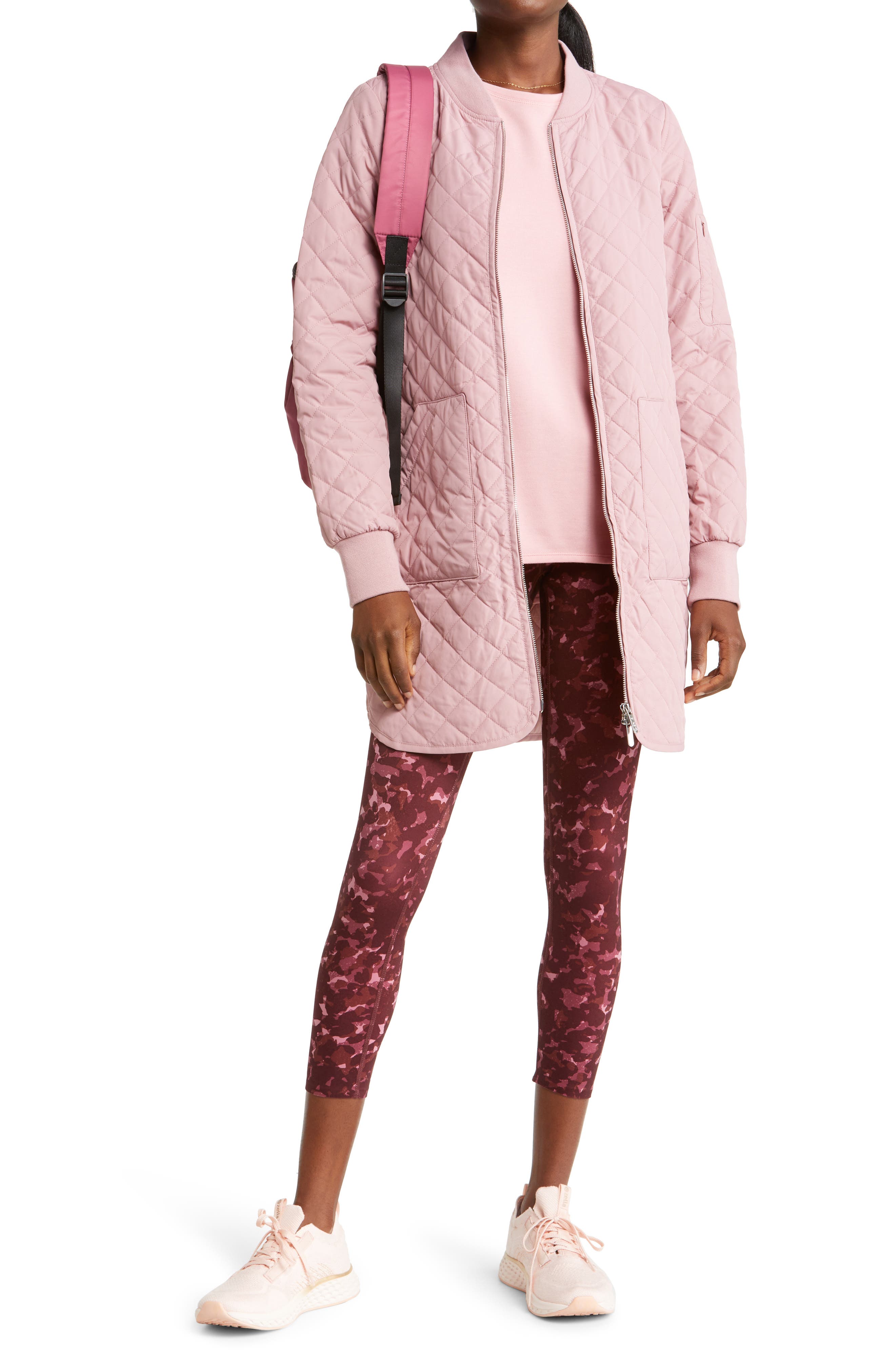 Zella Longline Water Resistant Quilted Bomber Jacket Nordstrom