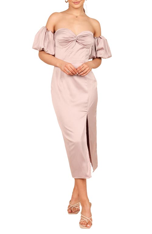 Petal & Pup Dahlia Puff Sleeve Off the Shoulder Satin Midi Dress in Lilac at Nordstrom, Size X-Large