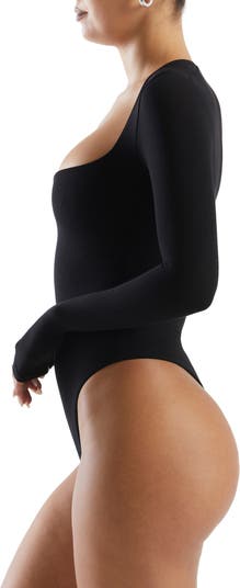 Black long sleeve thong bodysuit