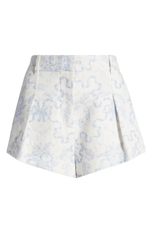 Shop Loveshackfancy Lacette Bow Print Pleated Linen Shorts In Blissful Blue