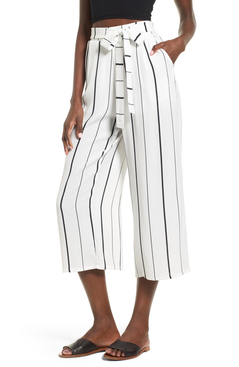 LEITH Tie High Rise Crop Pants, Main, color, WHITE BLACK JUNE STRIPE